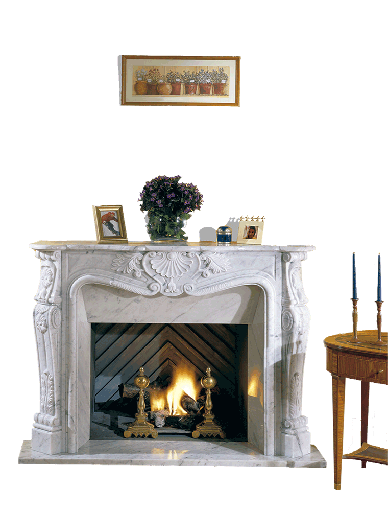 Chimenea clásica mármol modelo Eros en blanco carrara estilo luis XV