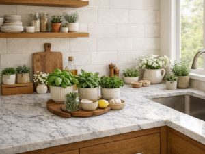 Cocina moderna con hierbas frescas y mármol