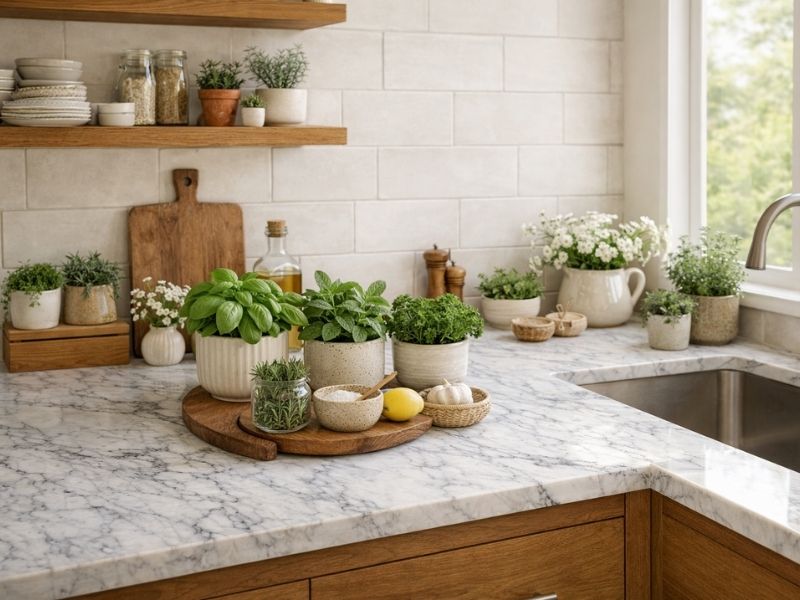 Cocina moderna con hierbas frescas y mármol